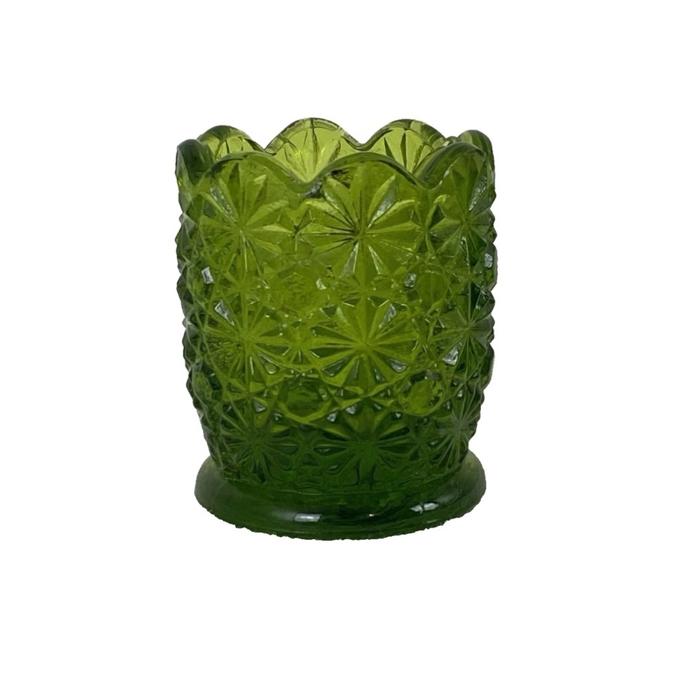 Vintage L.E. Smith Daisy & Button Green Glass Toothpick Holder